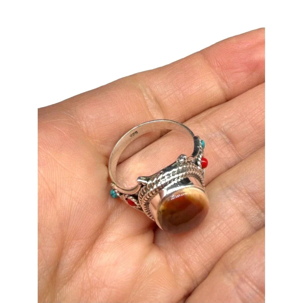 Red Moss Agate Coral & Turquoise Ring Size 7.5 Solid 925 Sterling Silver